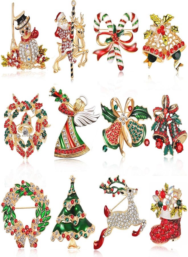 Qenk 12 Pcs Christmas Brooch Pins Set for Women - Rhinestone Crystal Christmas Tree Wreath Snowman Reindeer Ornament Jewelry Pins Gift (Style-1) - Image 1